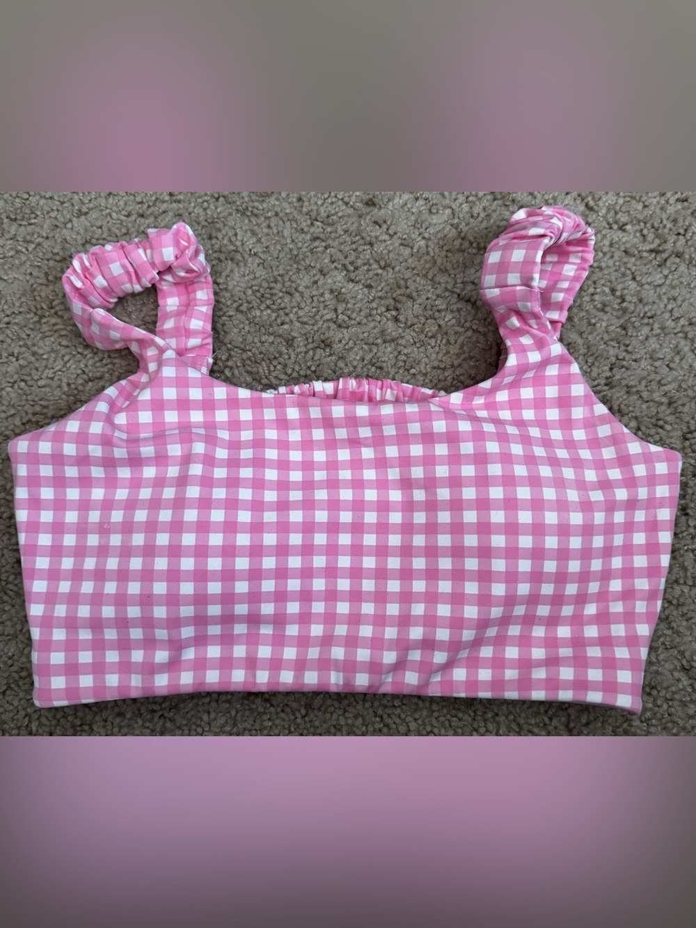 Pink Gingham Sports Bra with Ruched Straps